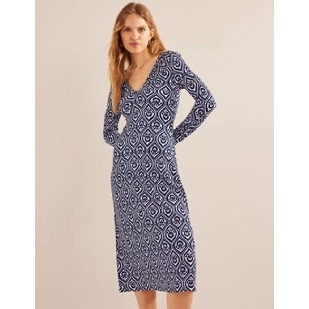 Boden Midi Dress Geometric Medallion Print Size 8 Navy White Women